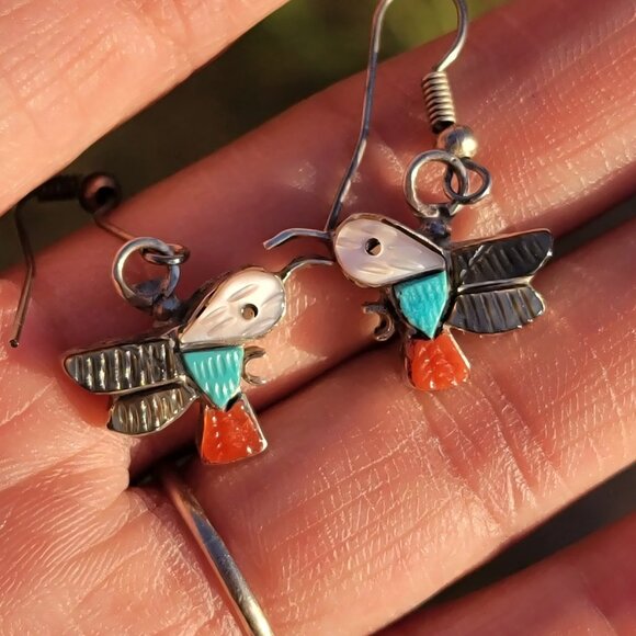 Native American Zuni handmade handcarved gemstone inlay 925 sterling hummingbird - Picture 9 of 13